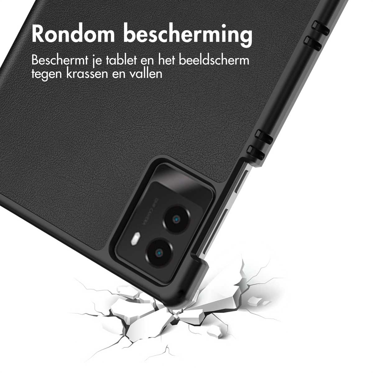 Tablet in a black case, with cracks appearing on the surface, showing impact resistance.