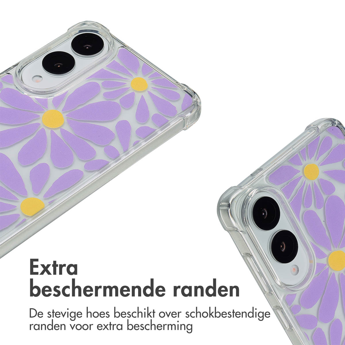 Transparante telefoonhoes met paars bloemendesign, met beschermende randen en twee perspectieven.
