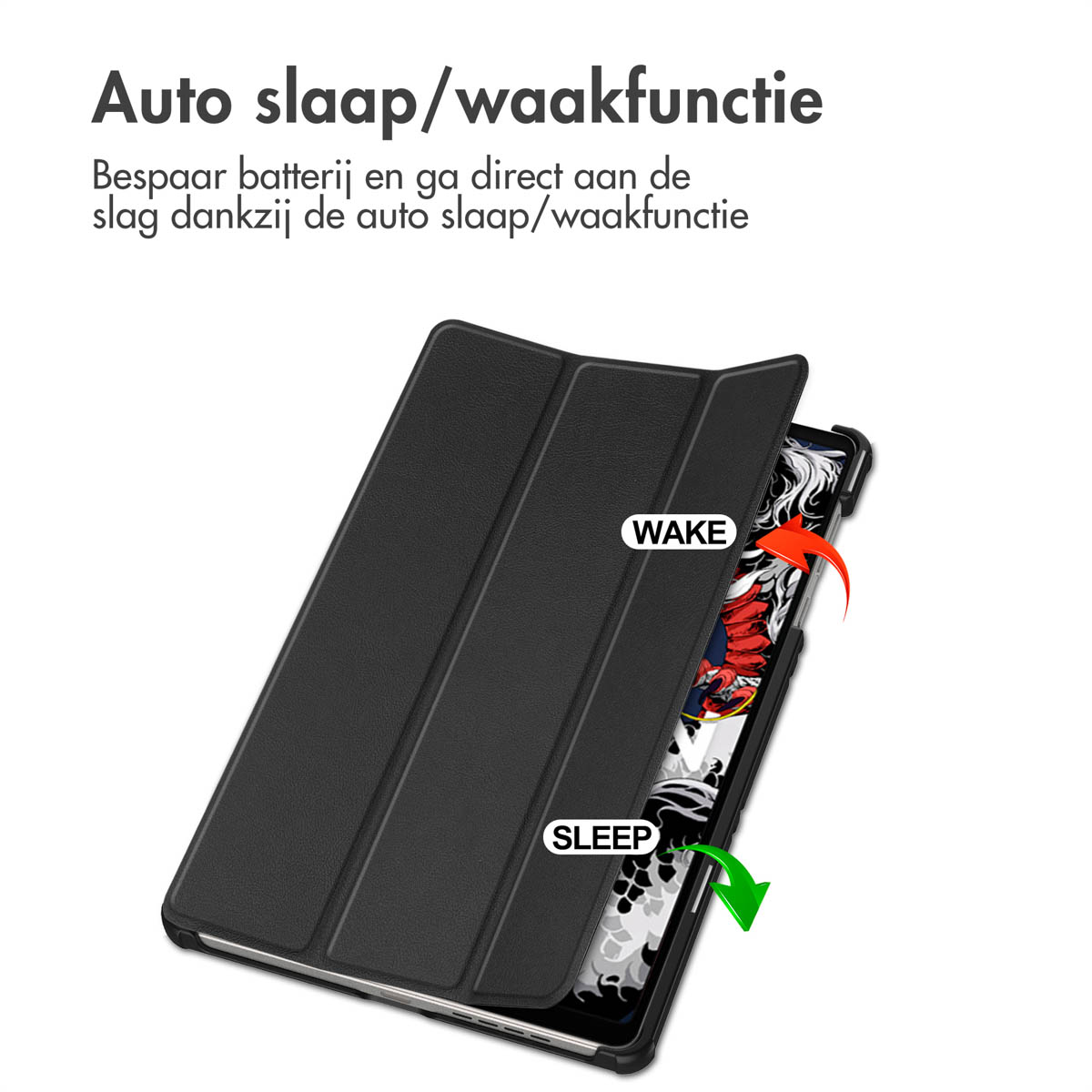 Black tablet case, showing the wake/sleep function with arrows indicating action.