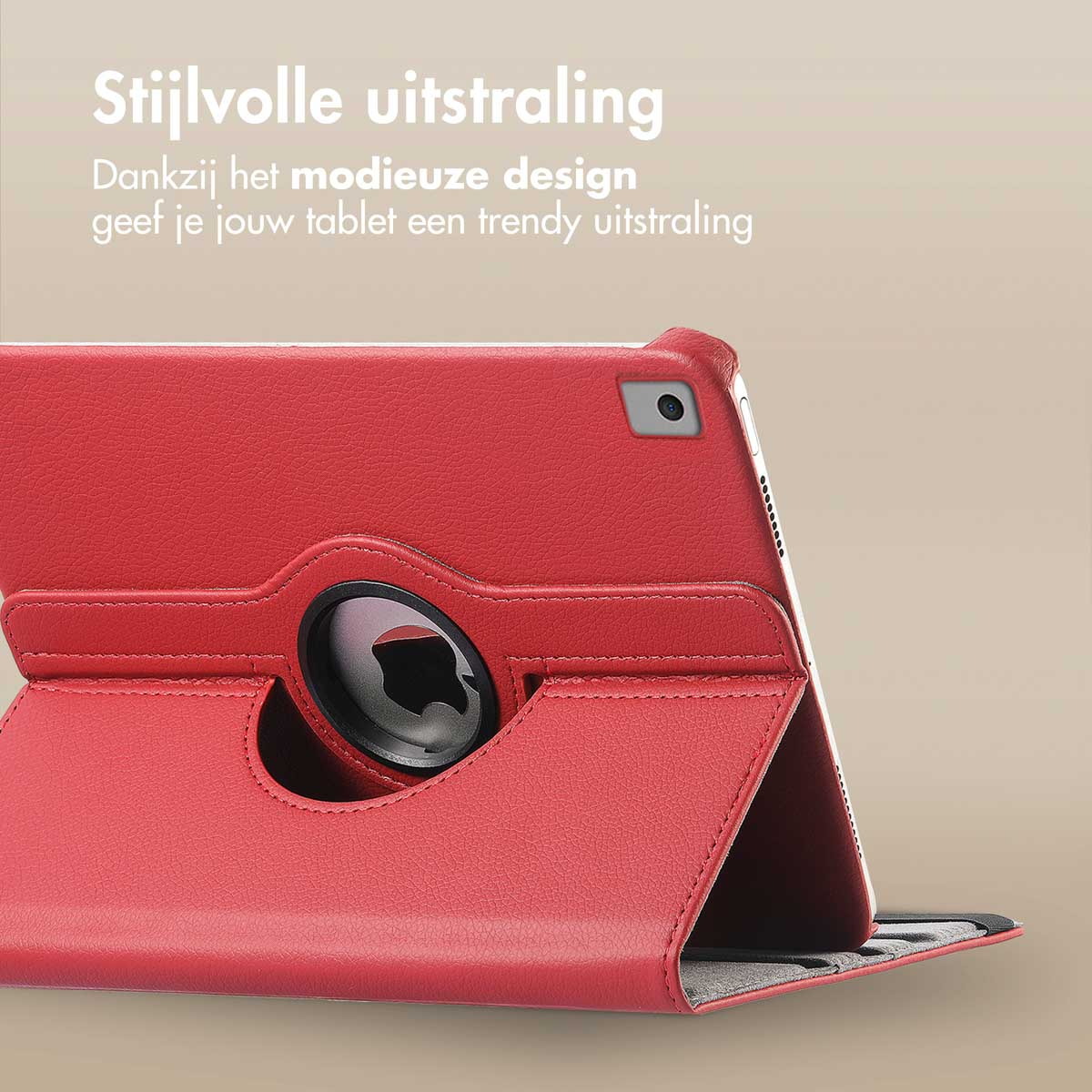 Étui de tablette rouge avec logo, ouvert. Texte : 'Stijlvolle uitstraling'.