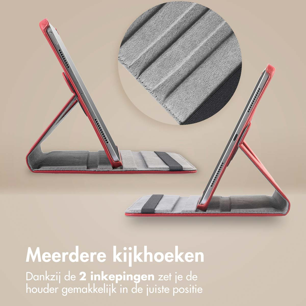 Deux étuis de tablettes rouges. Texte : 'Meerdere kijkhoeken'.