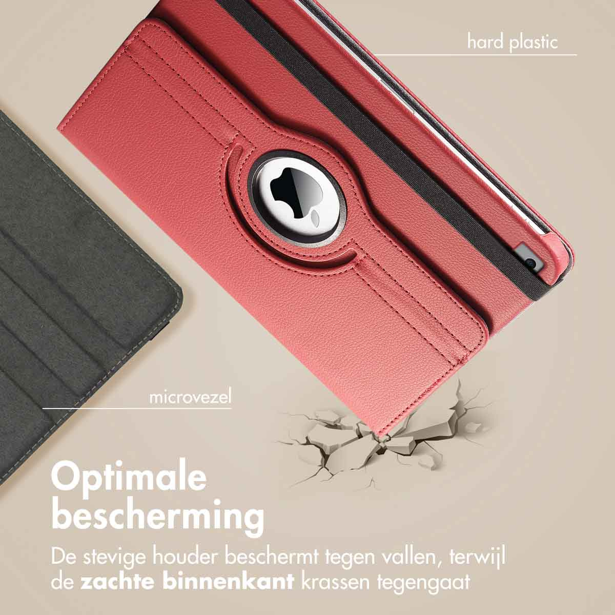 Étui de tablette rouge avec logo Apple, plastique dur. Étui gris en arrière-plan. Texte : 'Optimate bescherming'.