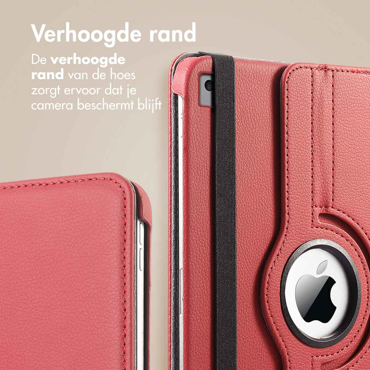 Gros plan sur étui de tablette rouge, avec logo Apple, sangle noire. Texte : 'Verhoogde rand'.