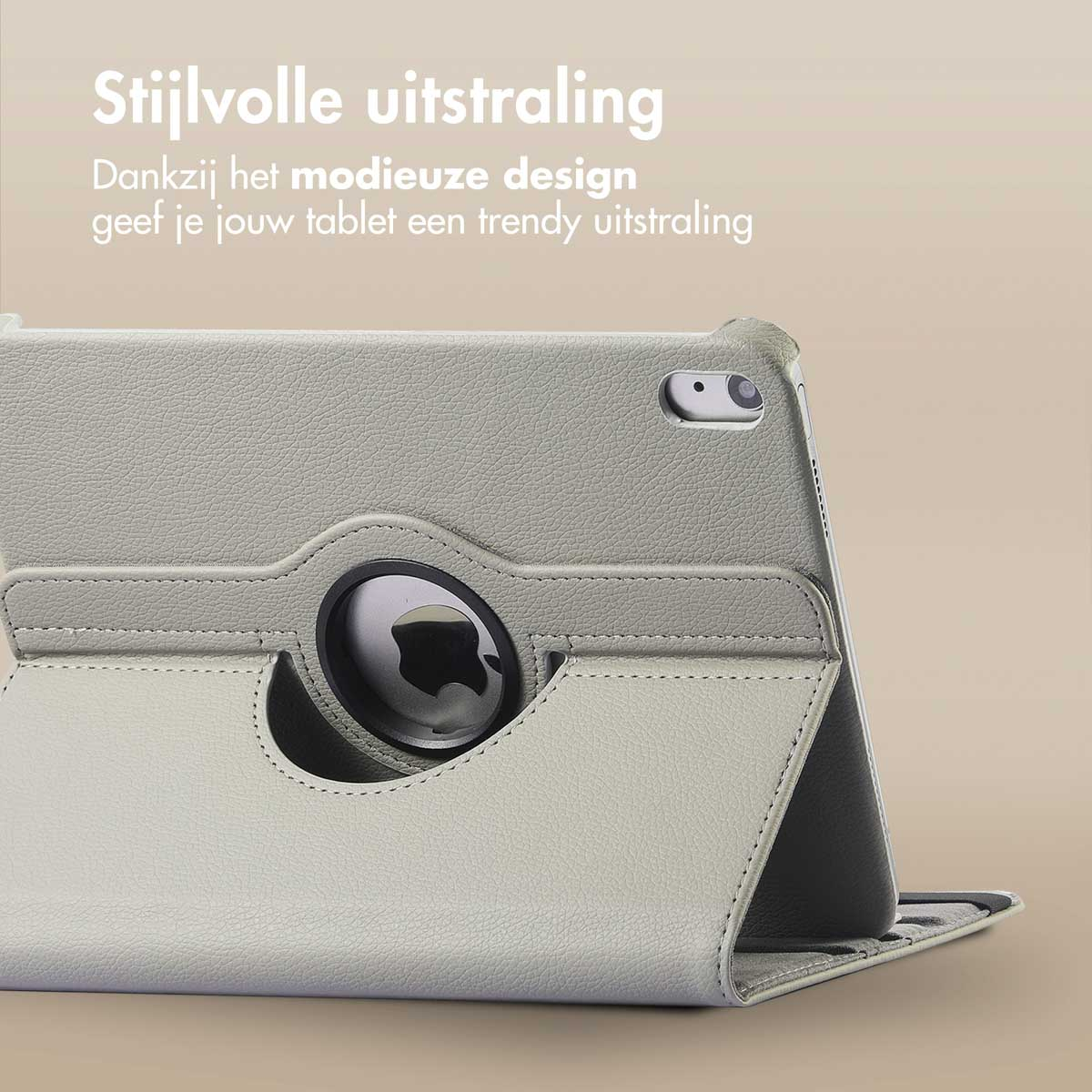 Gray tablet case with a logo, open. Text: 'Stijlvolle uitstraling'.