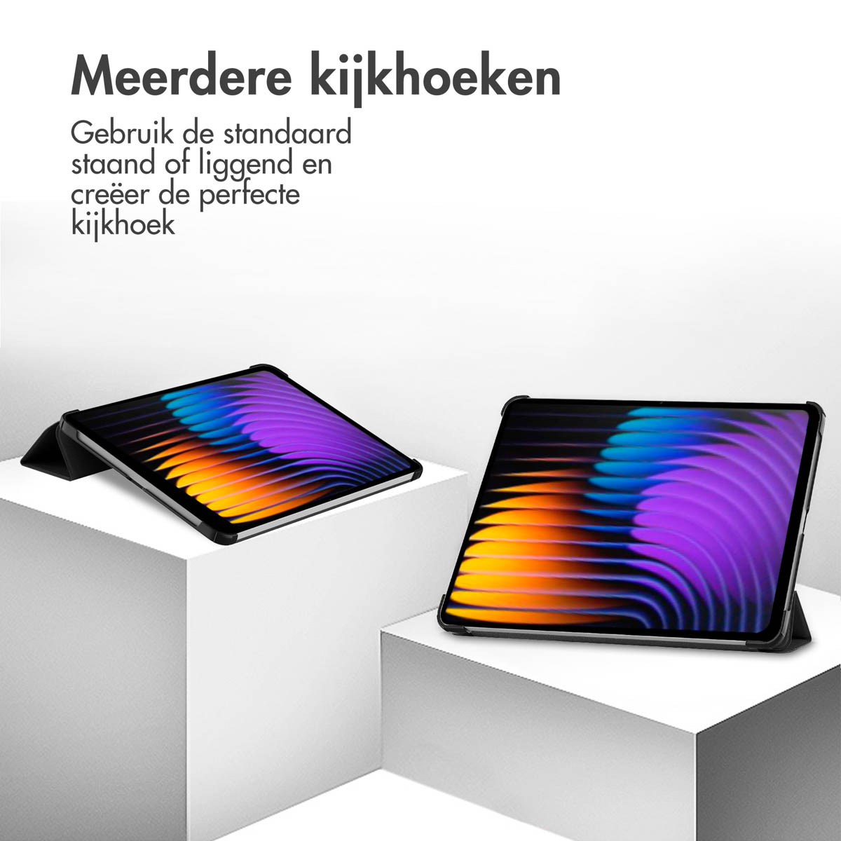 Two tablets on white blocks. One angled, one flat. Colorful screen. Text: 'Meerdere kijkhoeken'.