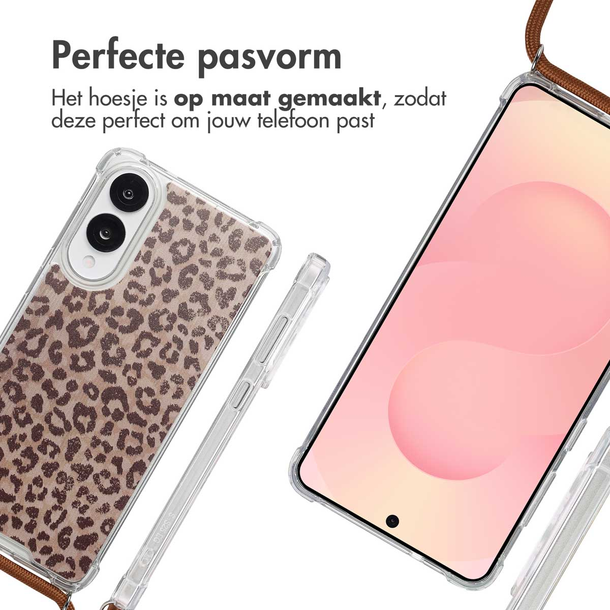 Twee telefoonhoesjes, één met een luipaardprint, een andere met een telefoon met een roze scherm en een bruin bandje.
