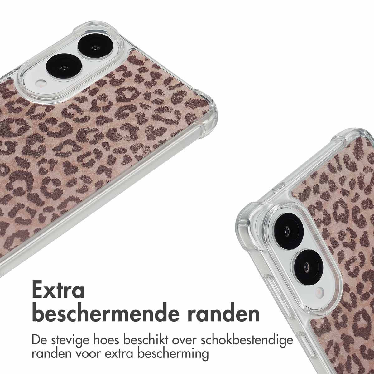 Twee telefoonhoesjes met luipaardprints. Transparante hoesjes. Tekst: 'Extra beschermende randen'.