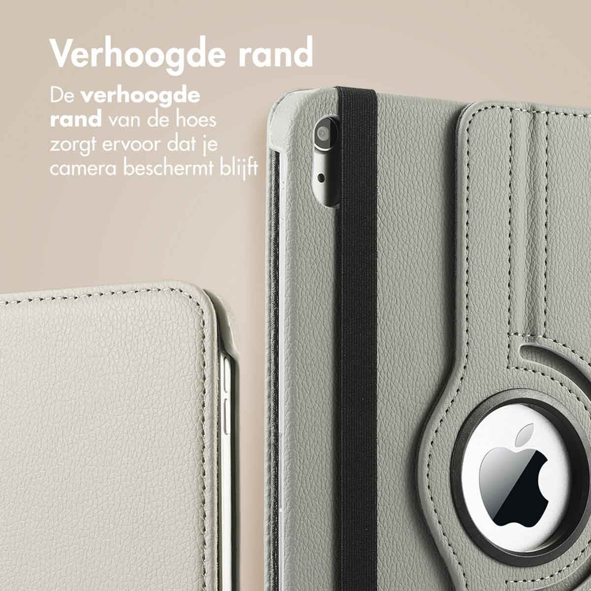 Gray tablet case with black strap. Text: 'Verhoogde rand'.