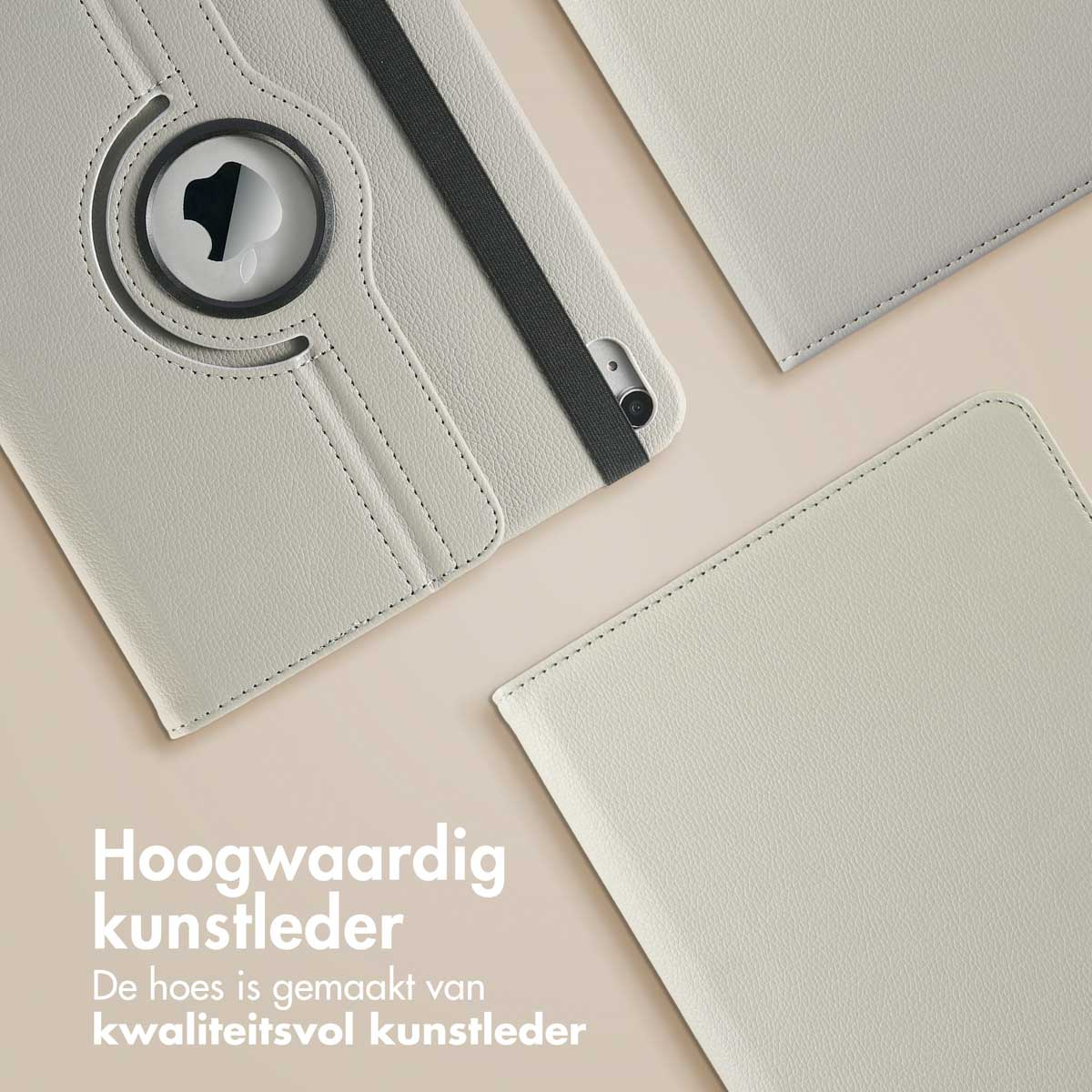 Gray tablet case, open. Text: 'Hoogwaardig kunstleder'.