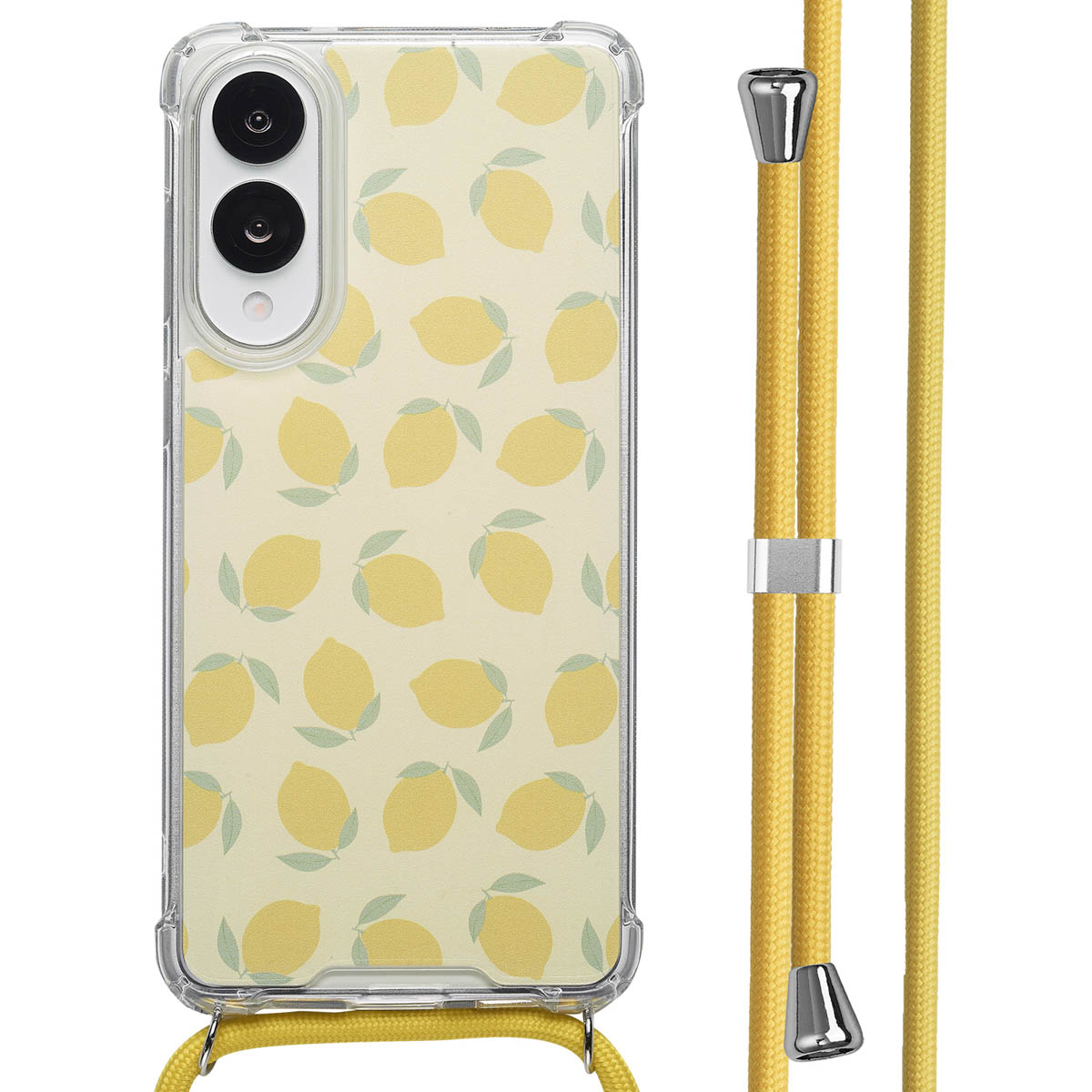 Een telefoonhoesje met een citroenpatroon en een gele lanyard. De hoes is transparant.
