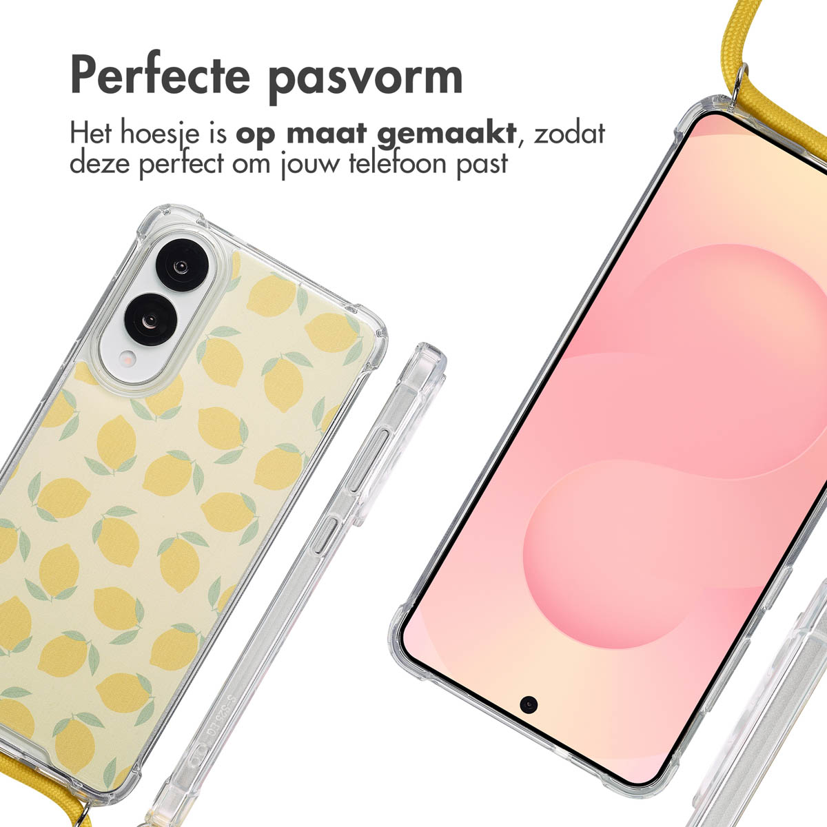 Twee telefoonhoesjes, één met citroenen en een andere met een telefoon met een roze scherm en een gele band.