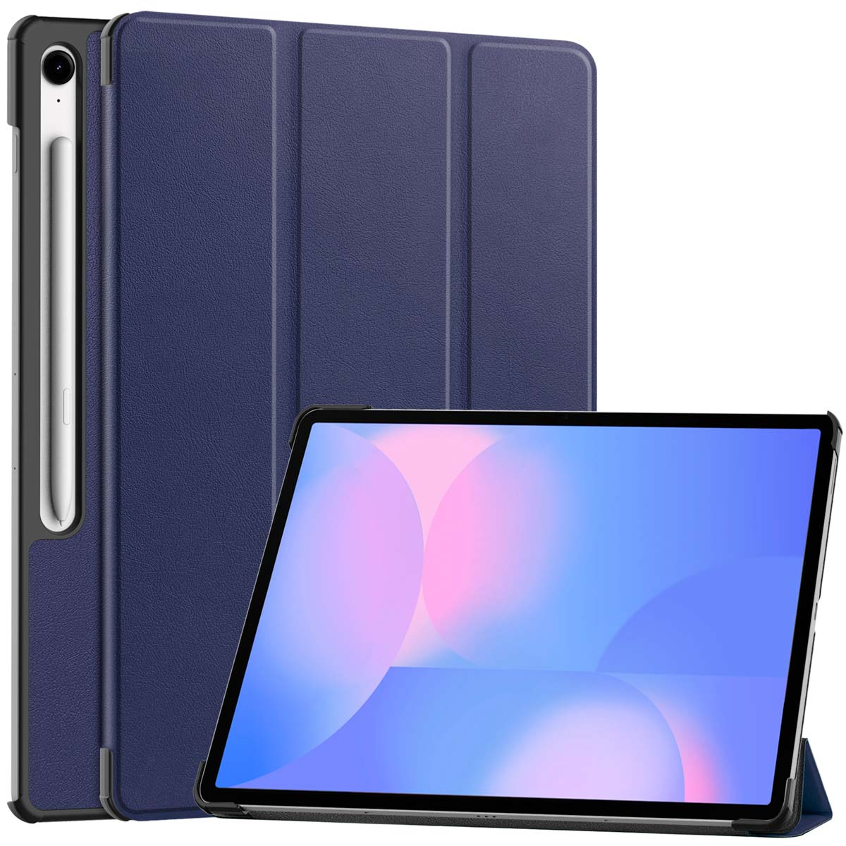 Une coque de tablette bleue avec une tablette et un stylet. L'écran affiche des couleurs.