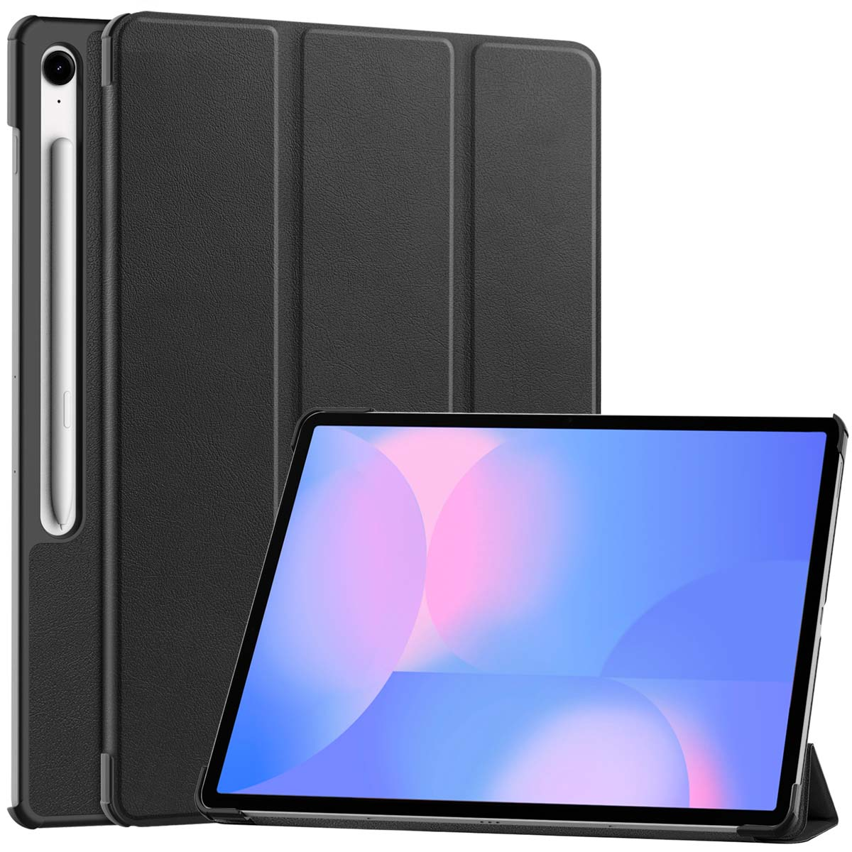 Een zwarte tablethoes. De tablet zit erin. De hoes is blauw.