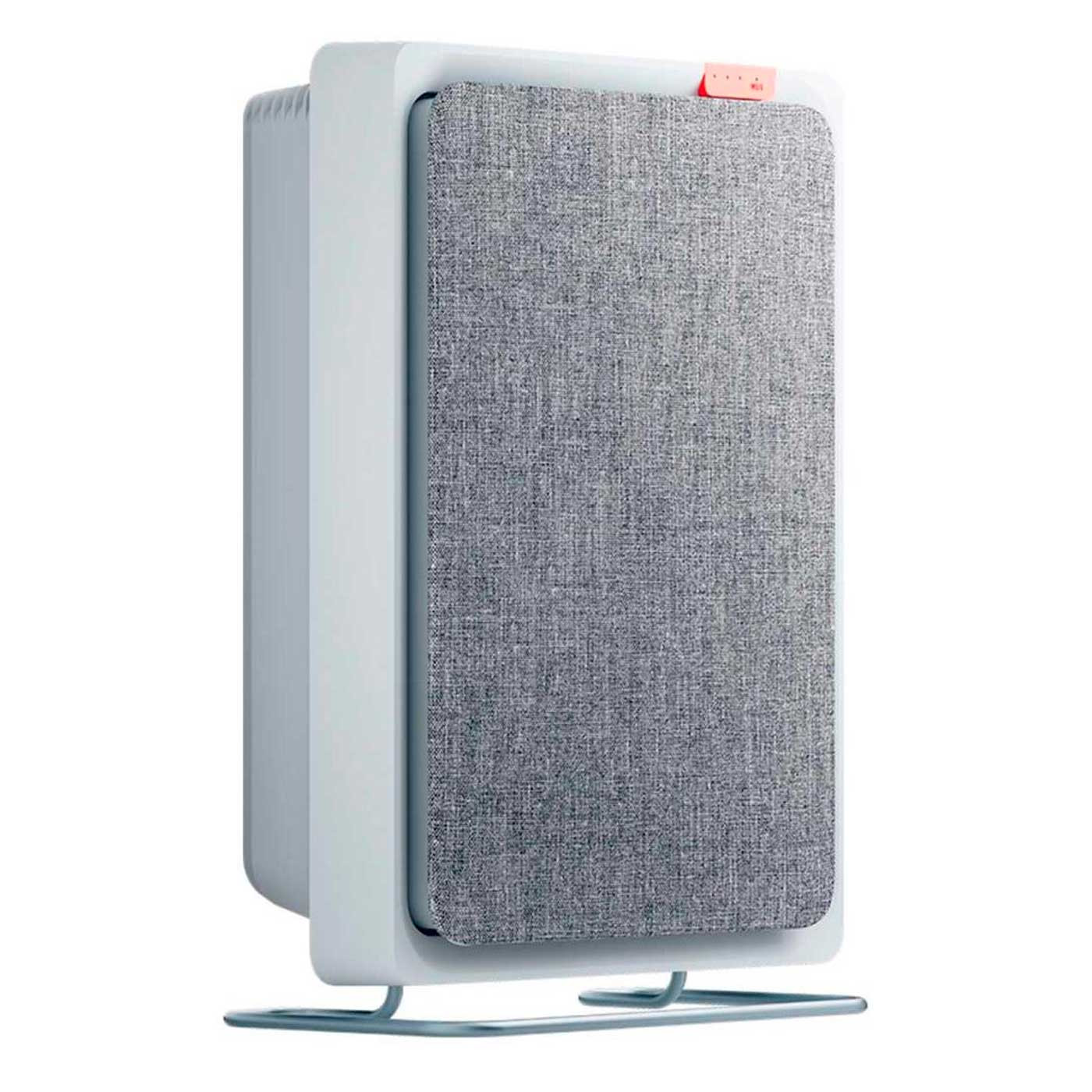 Purificatore d'aria bianco con tessuto grigio, supporto argento e pulsanti arancioni.