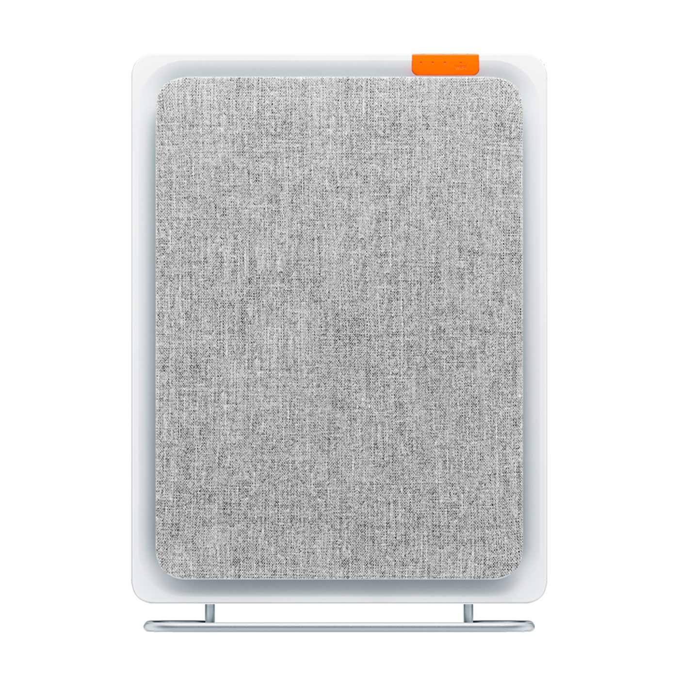 Un dispositivo rettangolare bianco con superficie in tessuto grigio e bottone arancione.