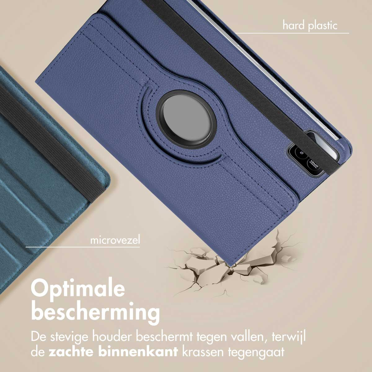 Blue tablet case, open to show tablet. It has a rotating ring and a folio design.