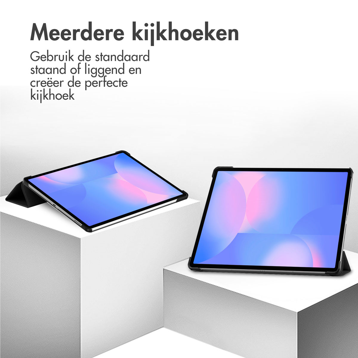 Tablets weergegeven op een wit oppervlak. Eén is schuin, de andere is plat.