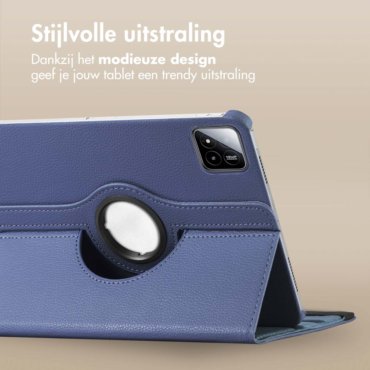 Blue tablet case, open to show tablet. It has a rotating ring and a folio design.