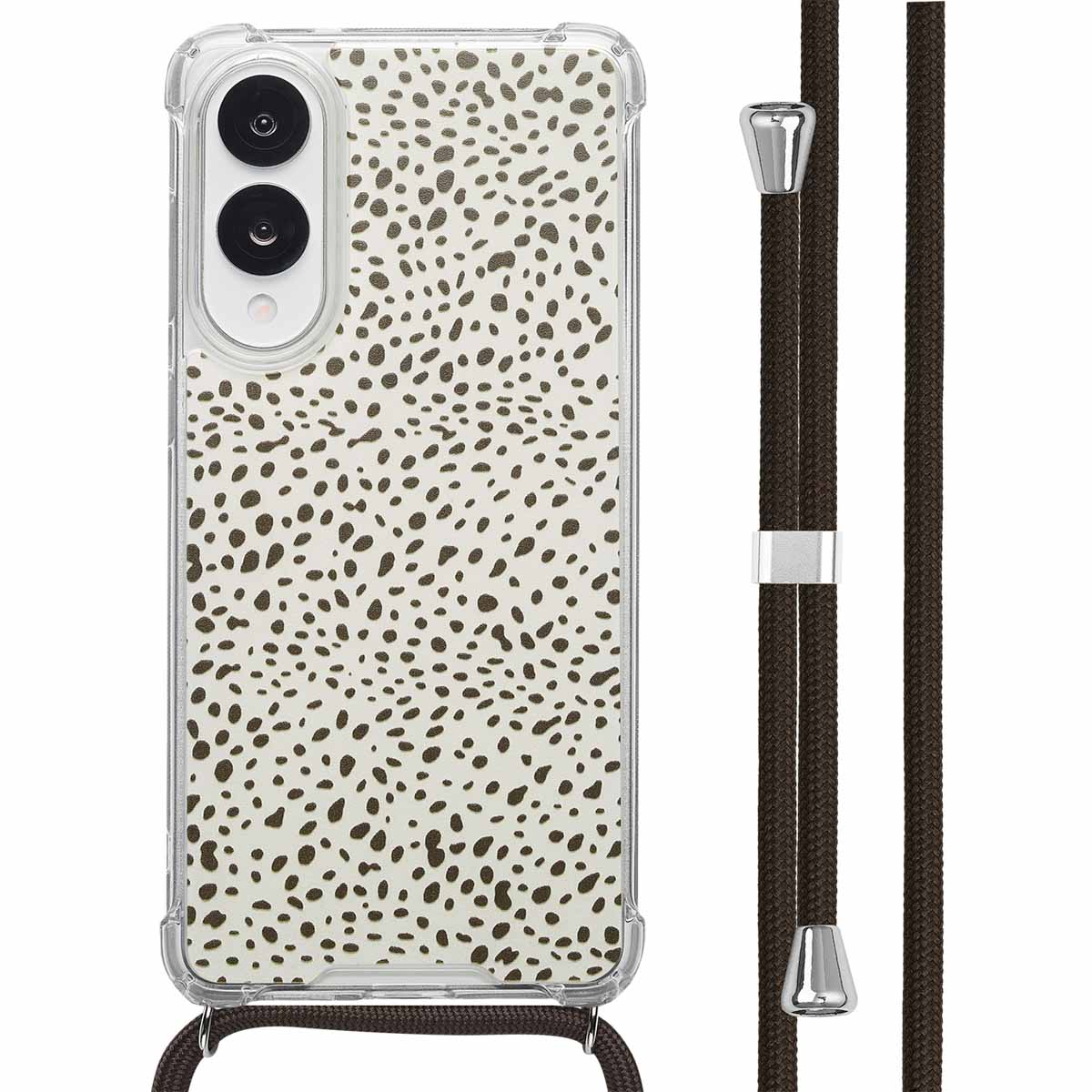 Een telefoonhoesje met een dalmatiërpatroon en een bruin koord.