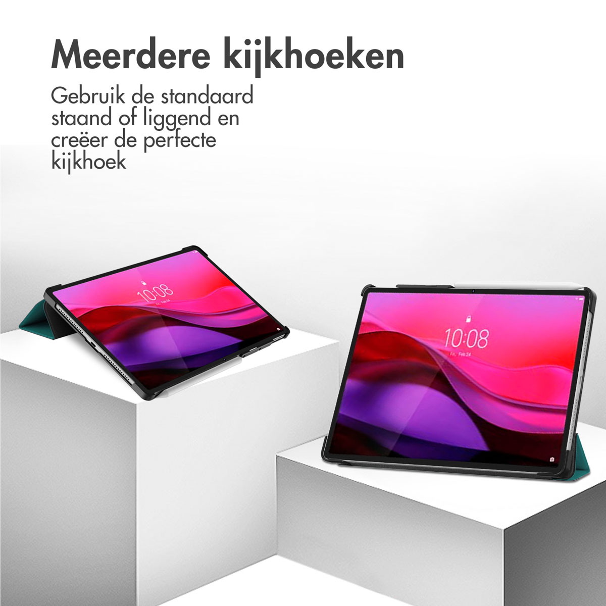 Tablets in cases on white surfaces, showing different viewing angles. Pink and green screens.