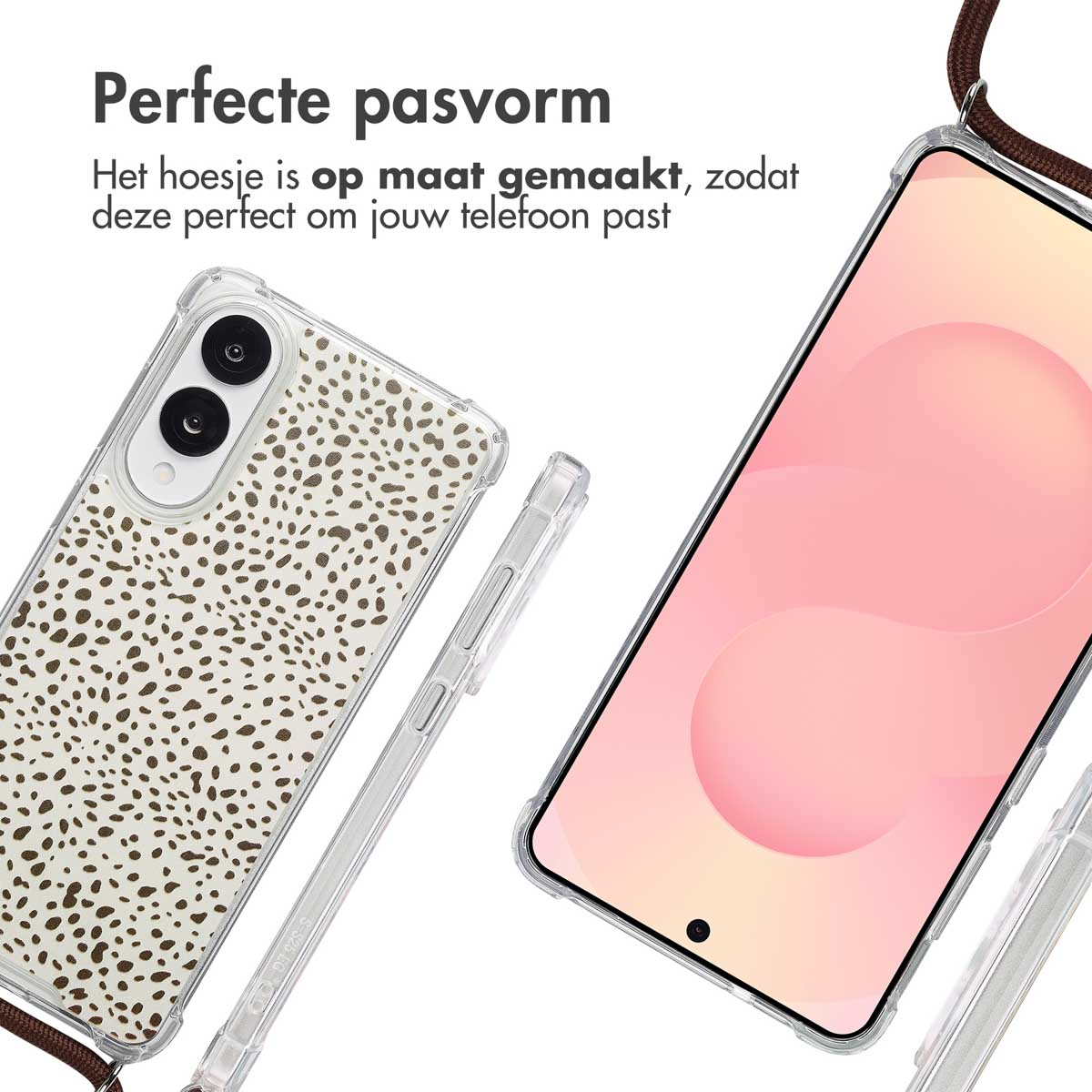 Transparante telefoonhoes met bruin gespikkeld design. Telefoon met bruine band.