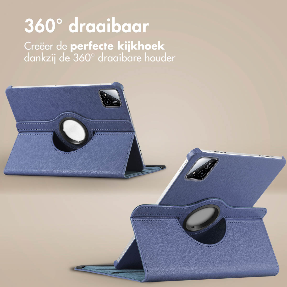 Two blue tablet cases, one with a tablet inside, showing 360-degree rotating feature.