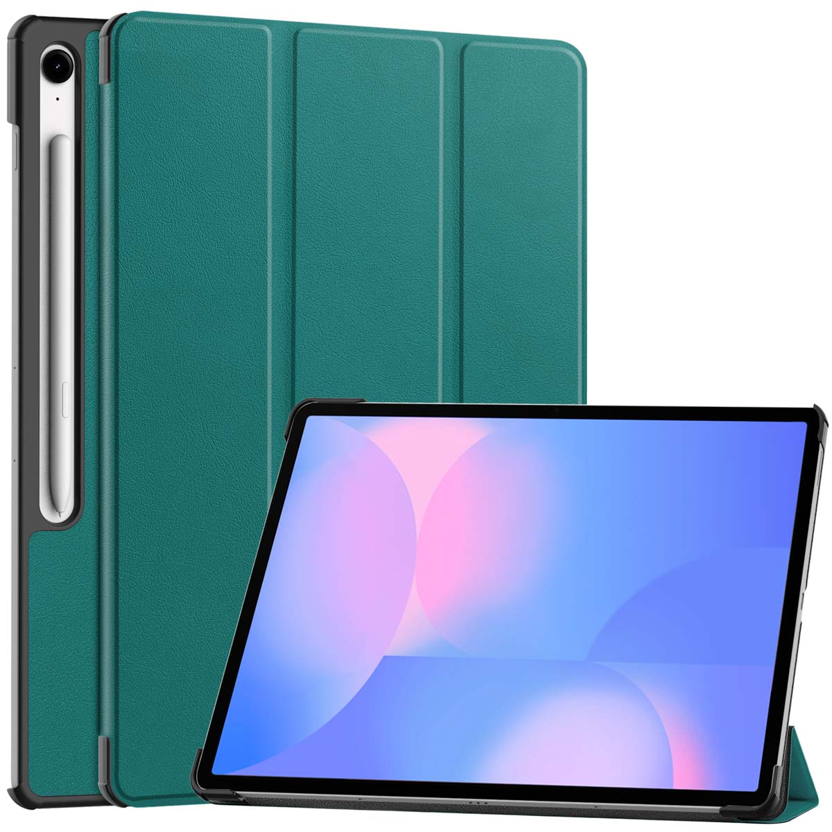 Groene tablethoes, met een tablet en een stylus. De tablet toont een kleurrijk scherm.