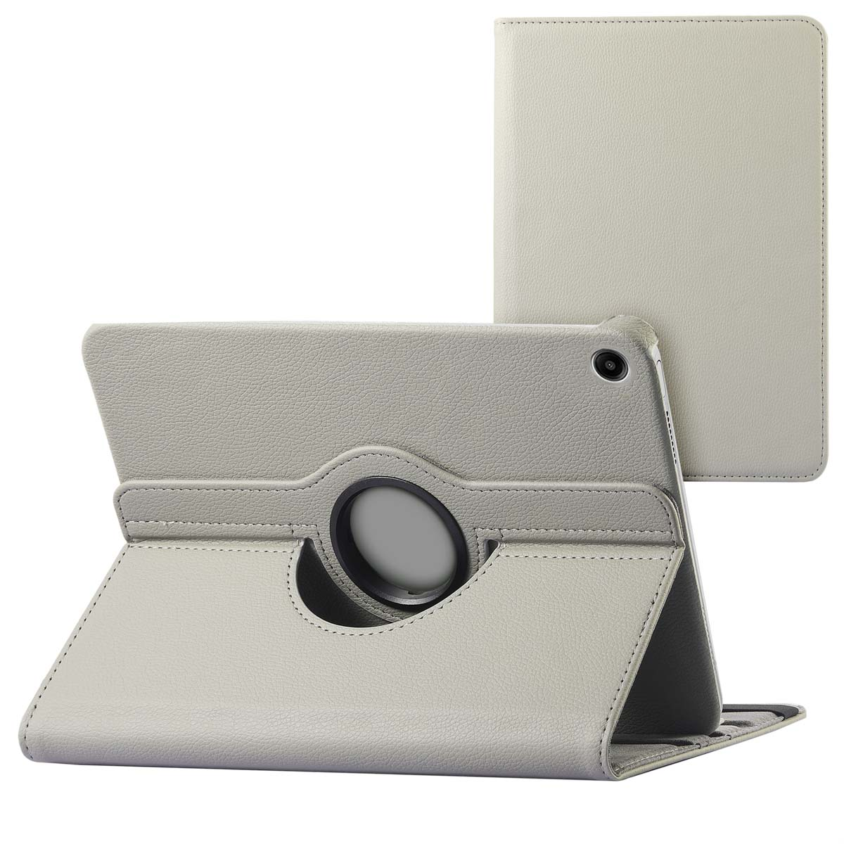 Gray tablet case open, showing the back. A circle cutout reveals a holder. Another case is on top.