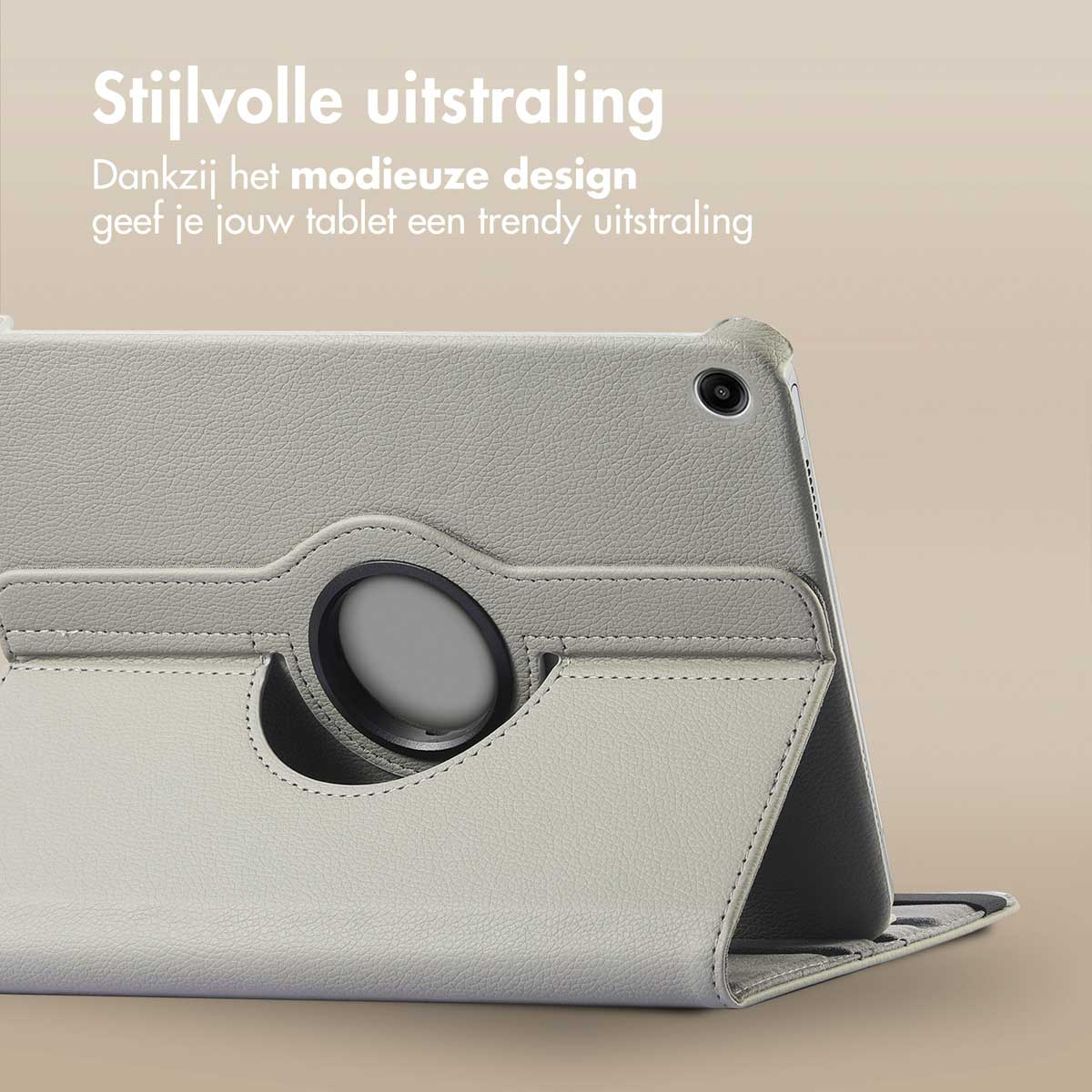 Tablet in gray case with a circular camera cutout. Text: Stylish appearance. Beige background.