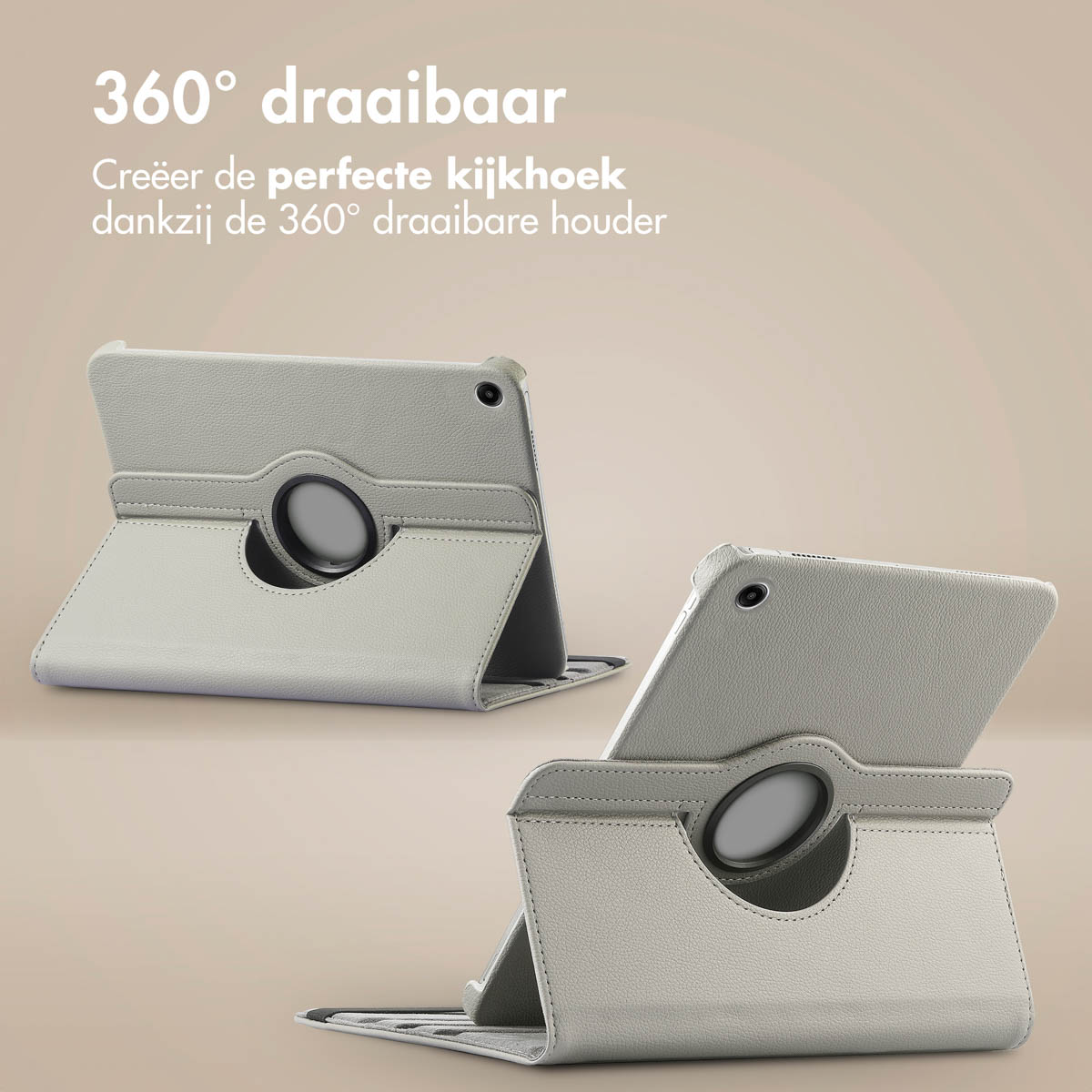 Two gray tablet cases in different positions. Text says '360° draaibaar', indicating a rotating stand.