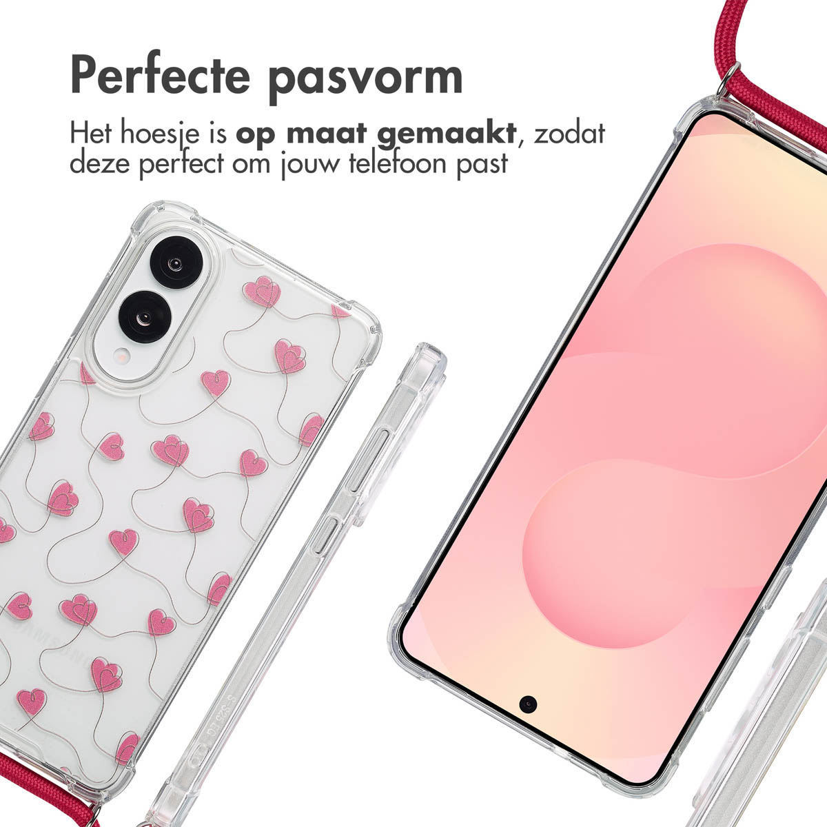 Custodia trasparente con cuori rosa. Telefono con schermo rosa e cordino rosso. Testo: Vestibilità perfetta.