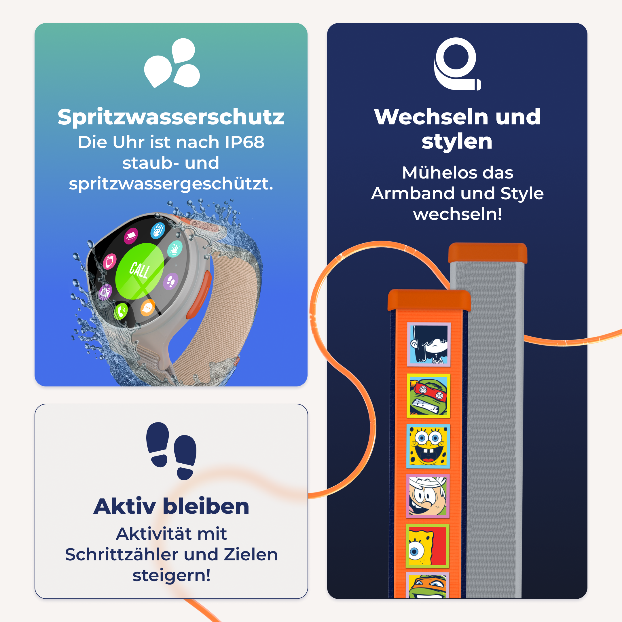 Smartwatch am Handgelenk mit Armband. Text auf dem Zifferblatt und Armband mit Zeichentrickfiguren. Blauer und grüner Hintergrund.
