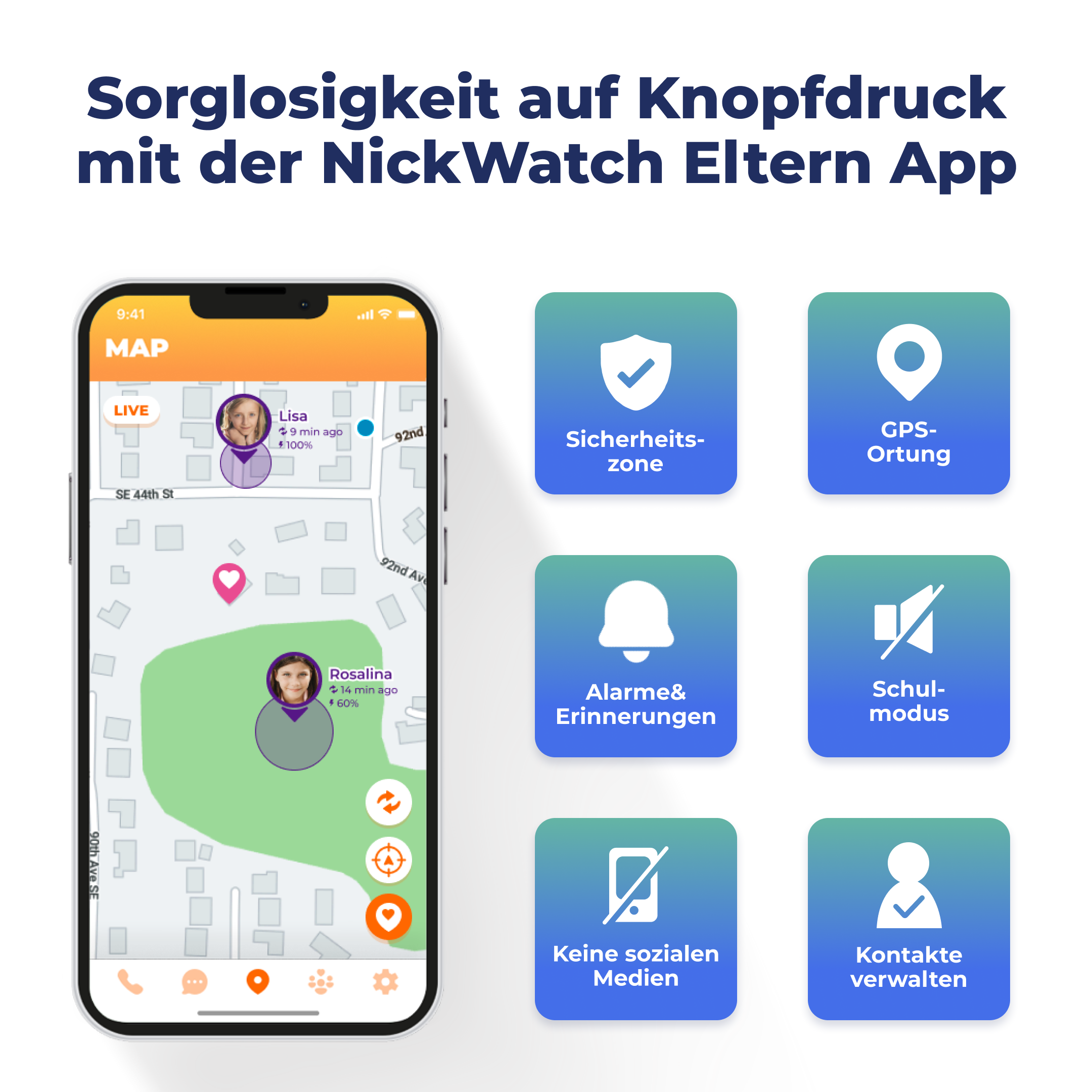 Smartphone-App mit Karte. Zeigt Familienmitglieder-Standort und Sicherheitsfunktionen. Blauer Hintergrund.