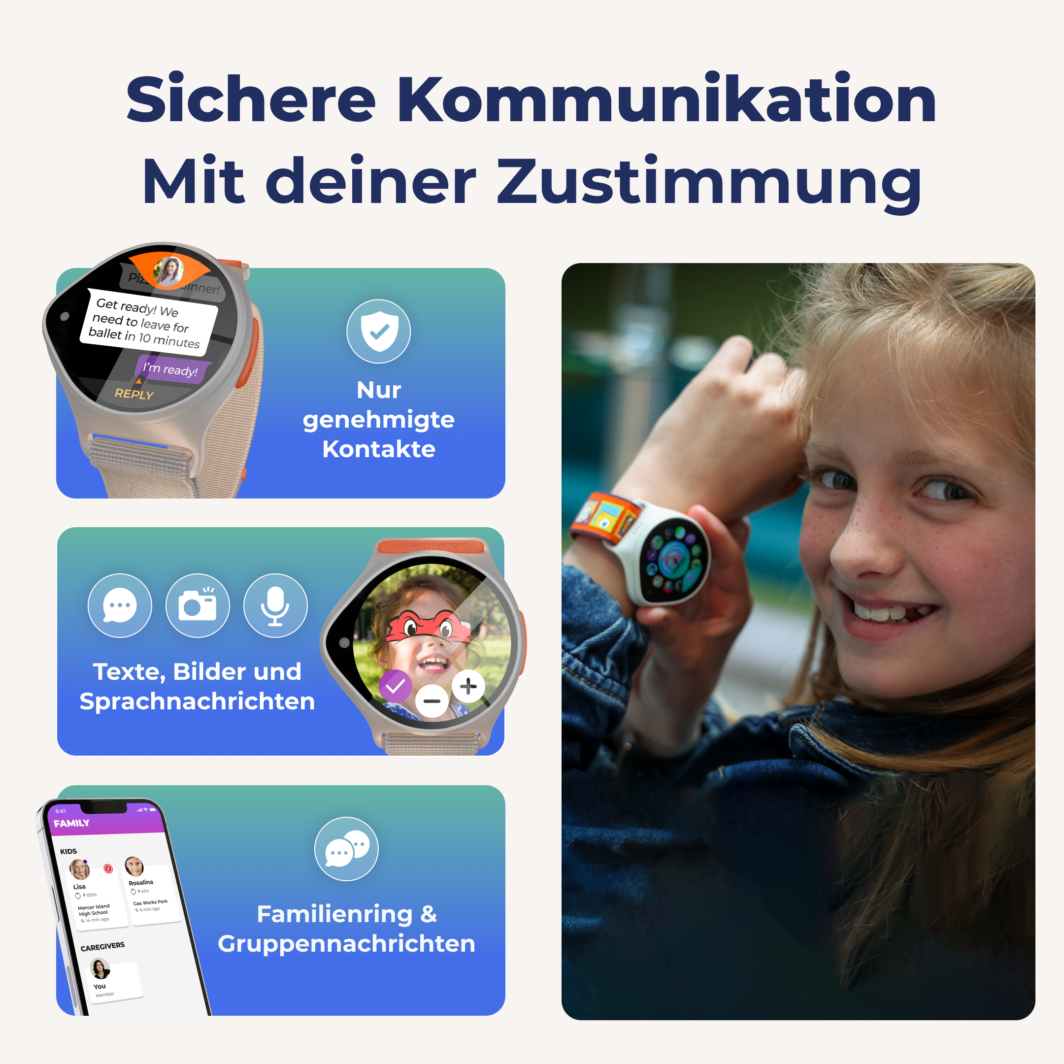 Kind trägt Smartwatch. Uhr zeigt Nachrichten, Fotos und Familienstandort. Weißer, grauer und blauer Hintergrund.