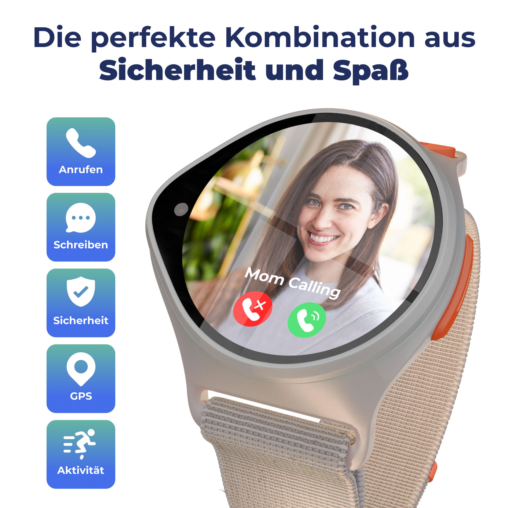 Smartwatch zeigt einen Videoanruf von Mama mit Aktionssymbolen.