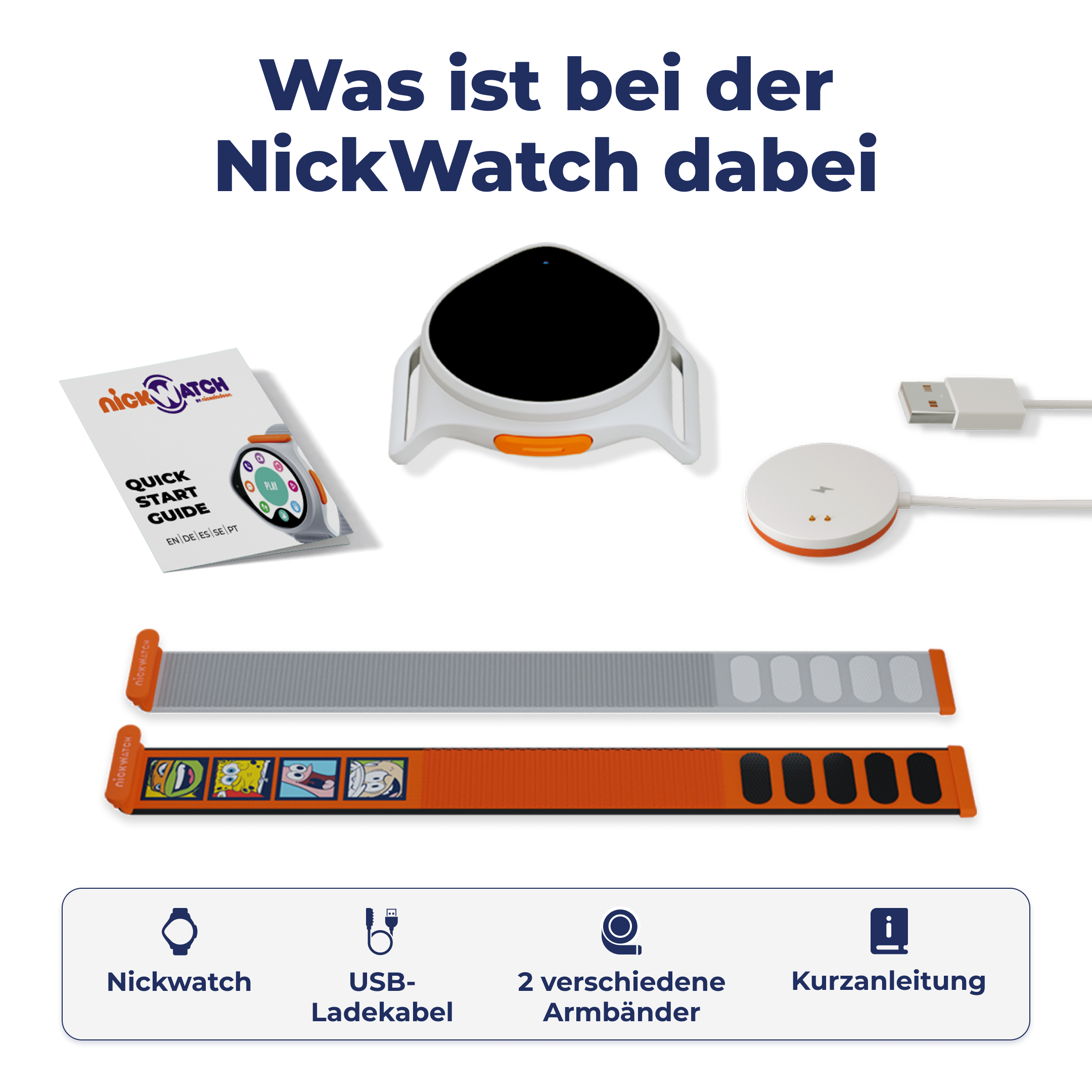 NickWatch Smartwatch-Kit mit Uhr, Ladegerät, Bändern und Kurzanleitung.
