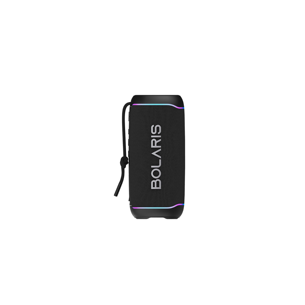 Haut-parleur Bolaris noir avec lumières colorées, avec sangle et logo.