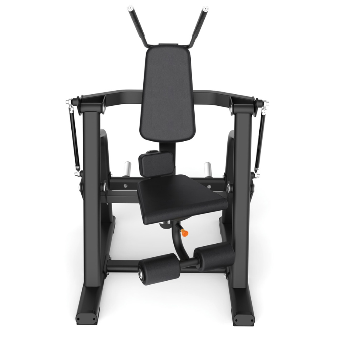 Zwarte trainingsmachine met een zitting en beensteun. Witte achtergrond.