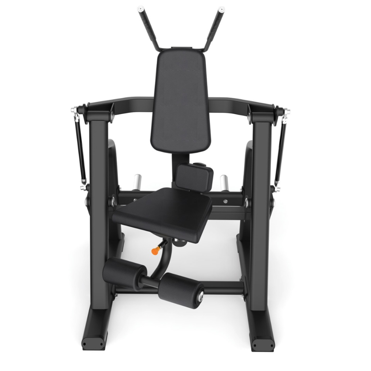 Zwarte fitnessmachine met gewatteerde zitting en rugleuning, armsteunen en beenrollers, op een witte achtergrond.