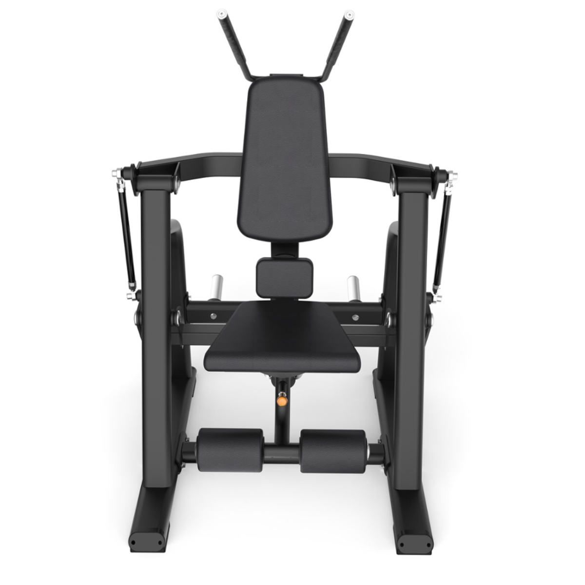 Zwarte fitnessmachine met gewatteerde zitting, rugleuning en beensteunen, op witte achtergrond, bovenaanzicht.