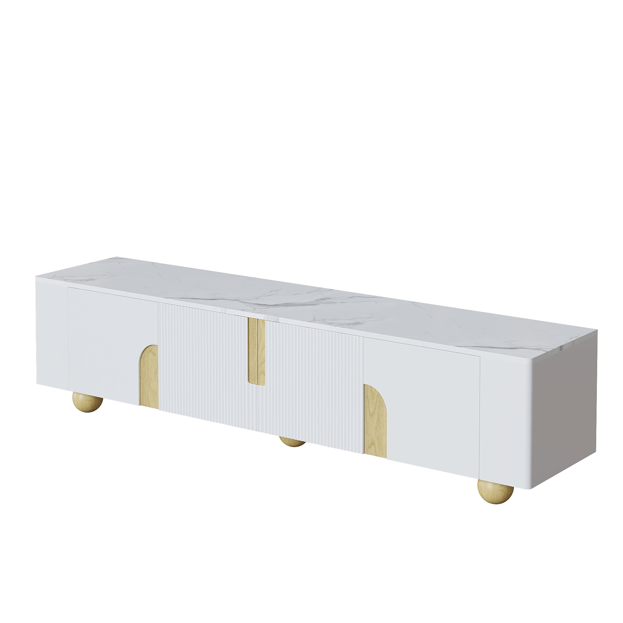Weißer TV-Ständer mit Marmorplatte, goldenen Akzenten und Holzbeinen. Das Design ist modern und elegant.