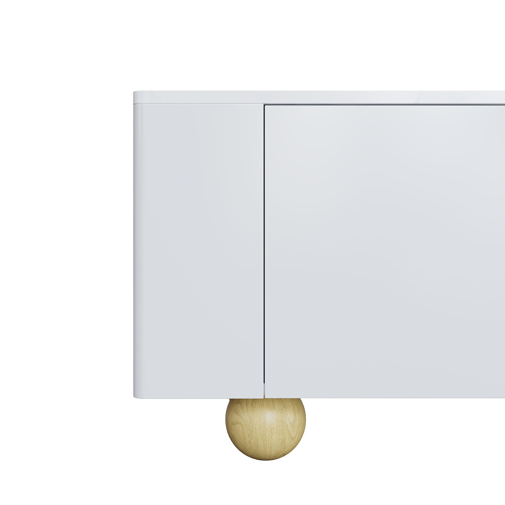 Weißer Schrank mit Holzbeinkugel, Eckansicht auf weißem Hintergrund.