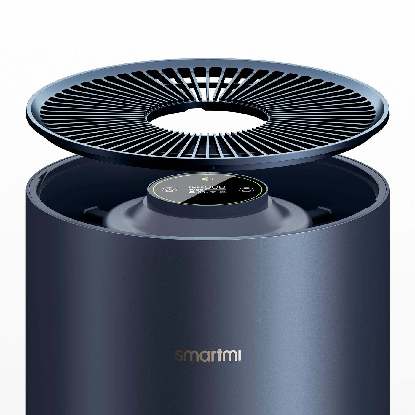 Purificatore d'aria con coperchio superiore rimosso. Ventola e display visibili. Corpo blu, griglia nera.