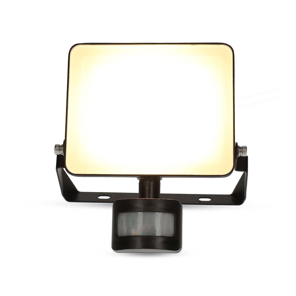 Zwarte schijnwerper met een wit lichtpaneel en een bewegingssensor. Zwart frame, witte achtergrond.