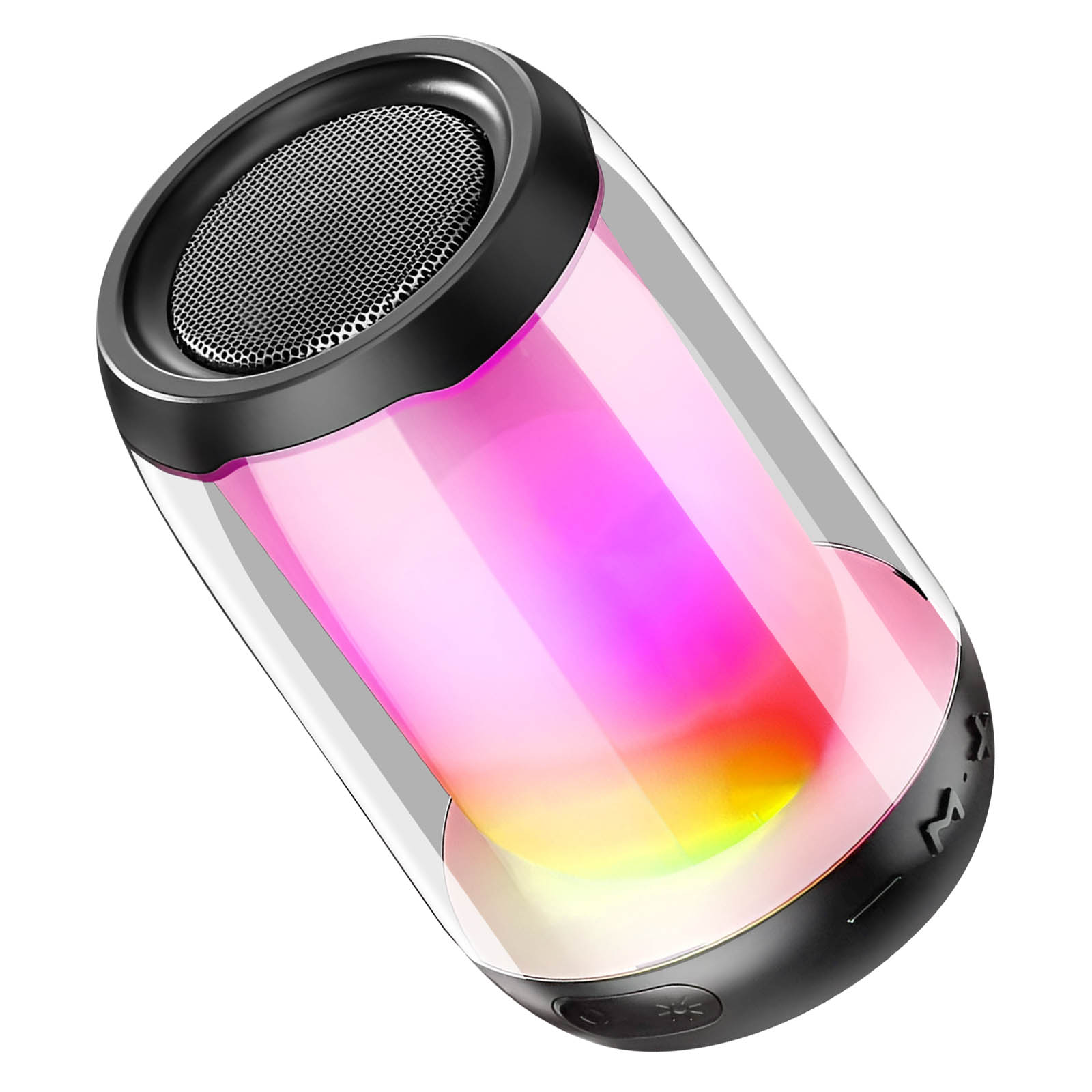 Un haut-parleur avec des lumières changeantes de couleur, noir et transparent.
