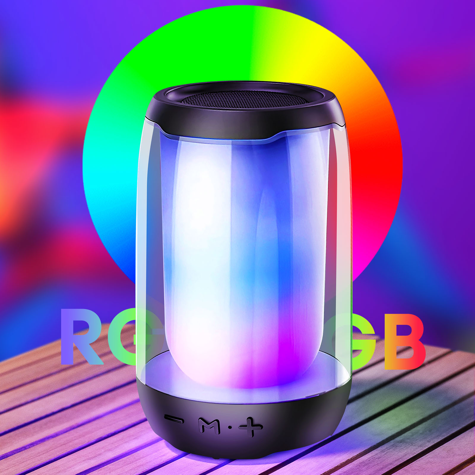 Un haut-parleur avec des lumières changeantes de couleur sur un fond coloré.