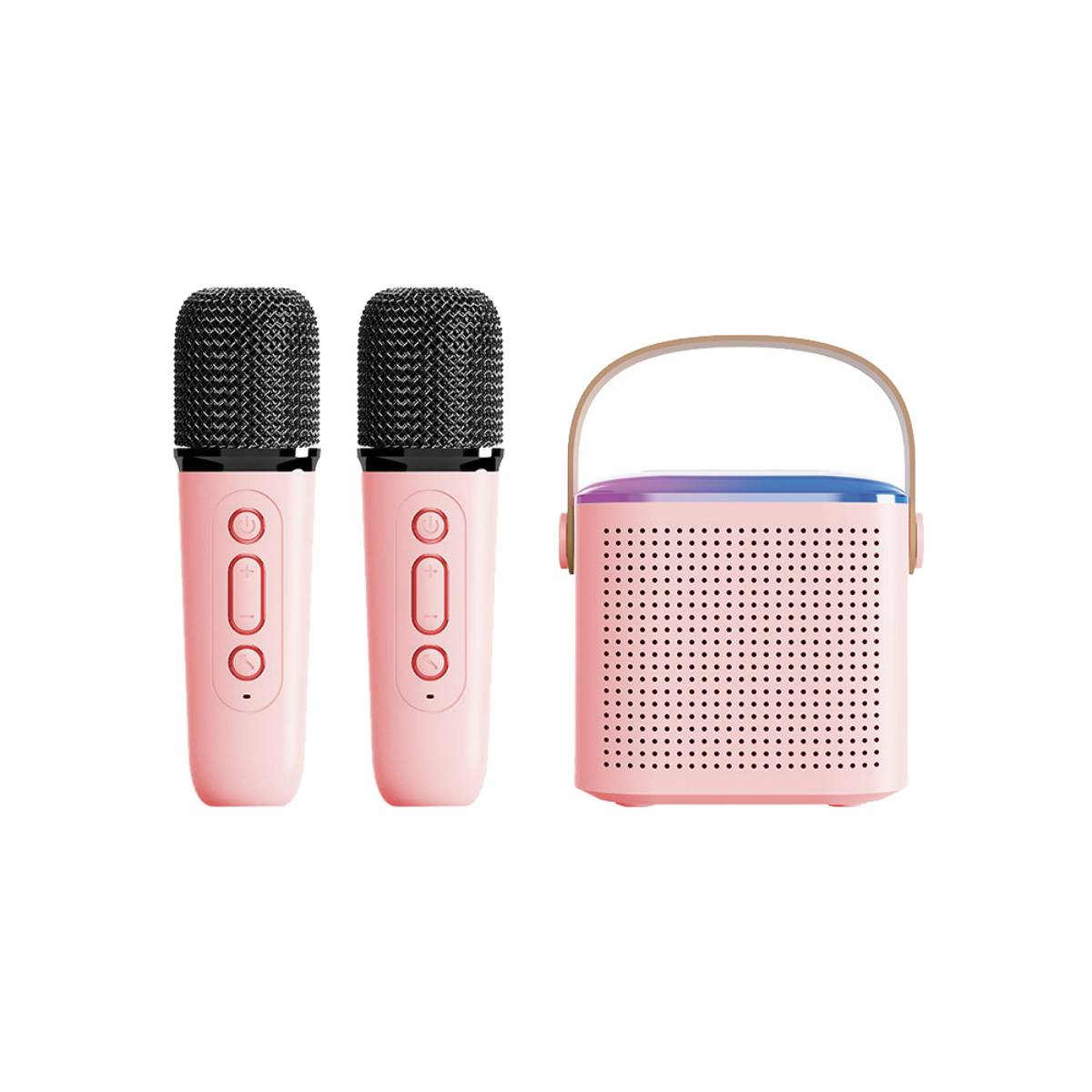 Un set karaoke con due microfoni rosa e un altoparlante rosa con manico, tutto su una superficie bianca.