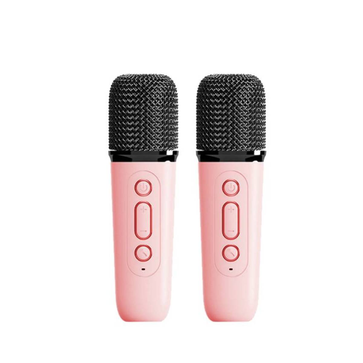 Due microfoni rosa con top in rete nera, pulsanti e un pulsante di accensione.