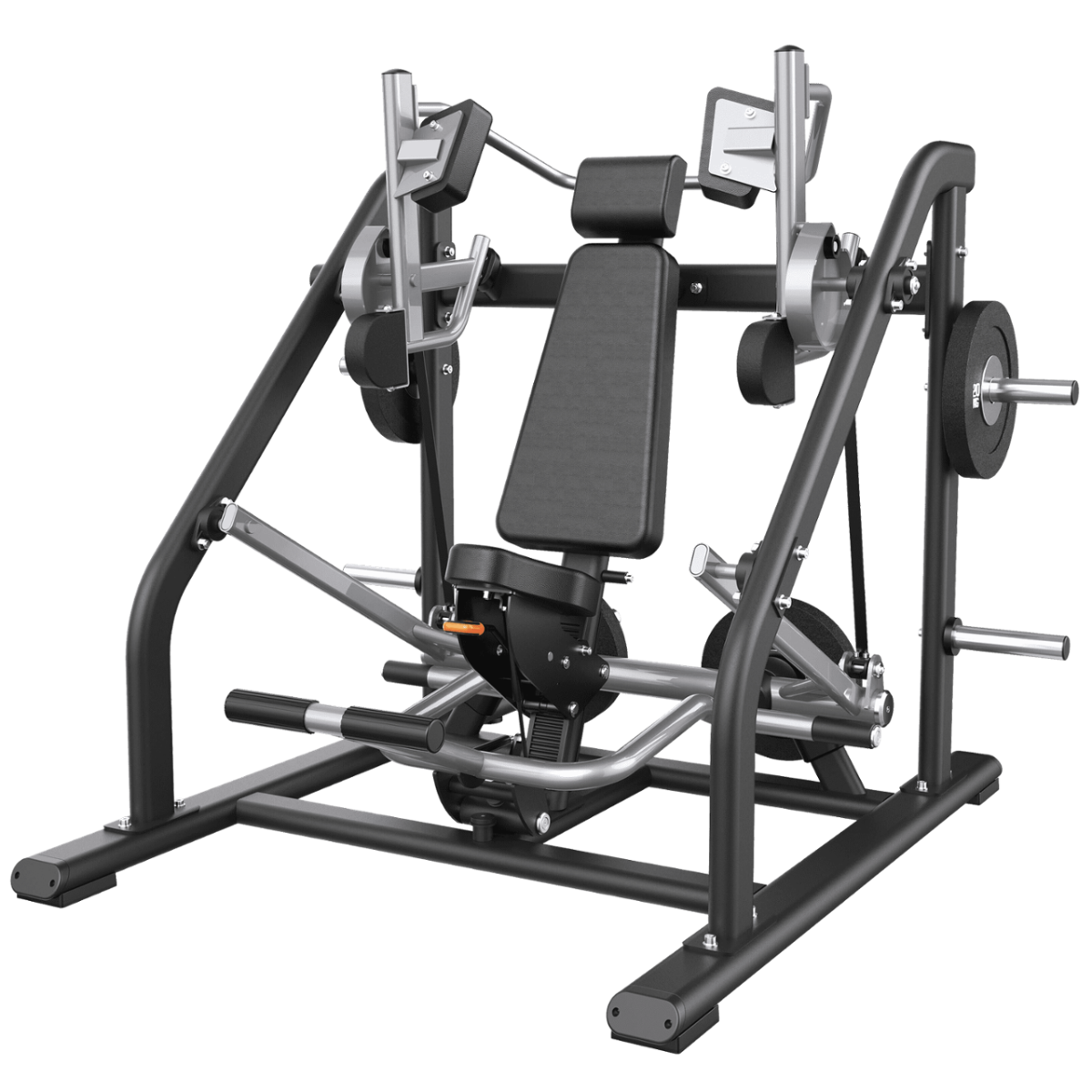 Machine de musculation noire avec siège, dossier et poignées, avec poids sur le côté.