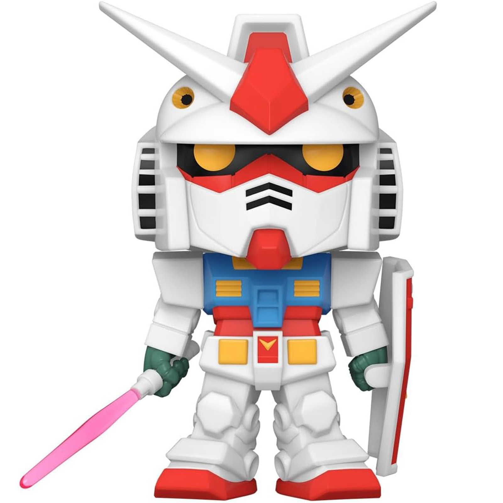 Biało-czerwona zabawka robota Gundam z różowym mieczem świetlnym i tarczą.